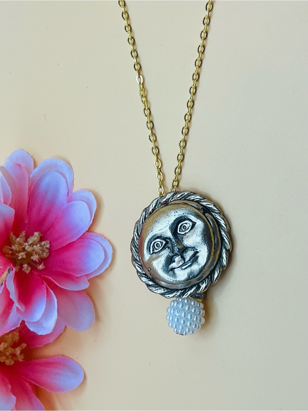 Gold -Tone Moon Face Pendant Necklace with White Bead Accent